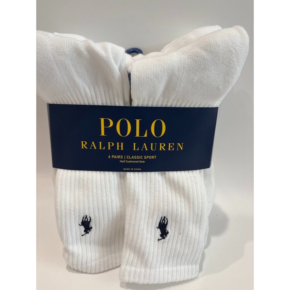 Polo Ralph Lauren Mens White Crew Sport Socks 6 Pair Half Cushioned 10-13 New